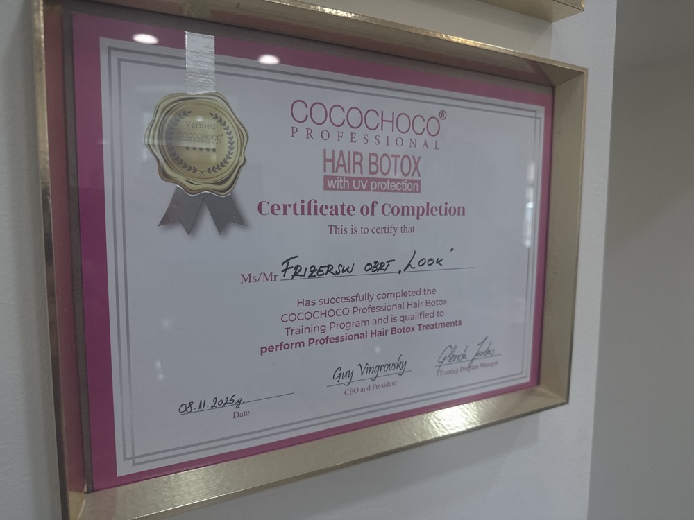 Certifikat Cocochoco Professional Hair Botox, izdan Frizerskom obrtu Look 8. studenoga 2025.