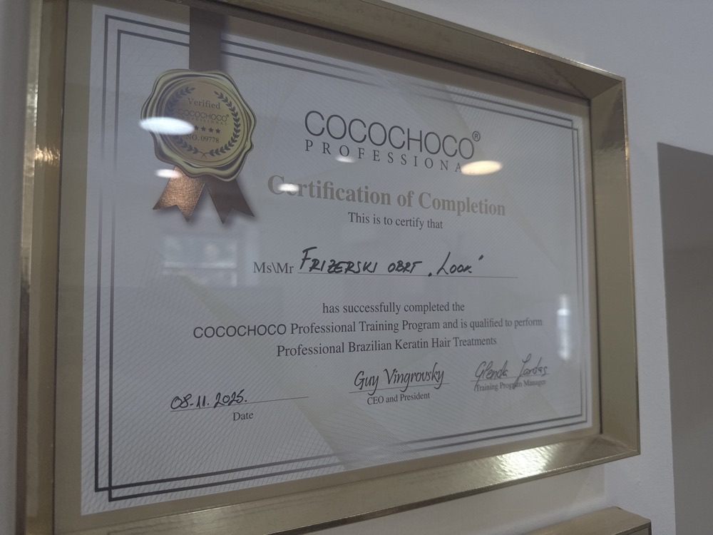 Certifikat Cocochoco Professional za brazilske keratinske tretmane, izdan Frizerskom obrtu Look 8. studenoga 2025.